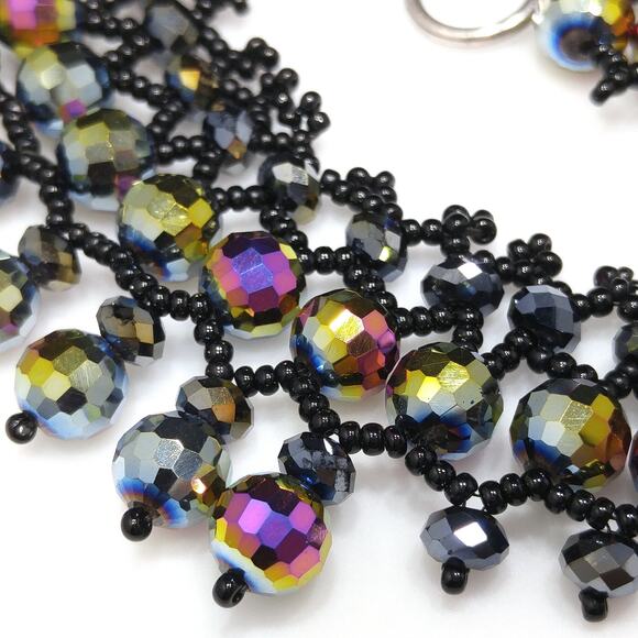 Handmade Czech Fire Polished Beaded Collar Necklace Black Seed Beads 16" - Picture 4 of 10